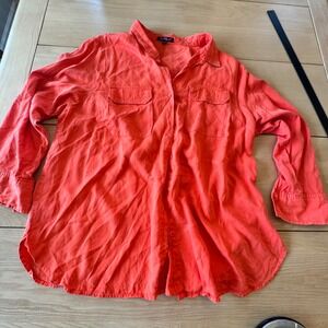 Velvet Heart Button Up Top Womens 2X Orange Tencel Roll Tab Sleeve Summer Boho